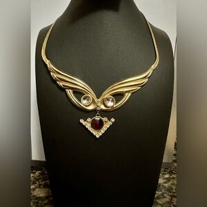 Vintage Owl Winged Gold-tone Statement Necklace w Glass Accents & Pendant 🦉